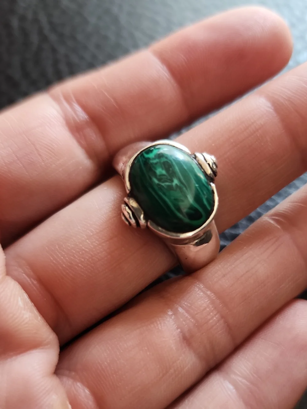 Sterling Silver Green Malachite Oval Statement Ring- Size 11